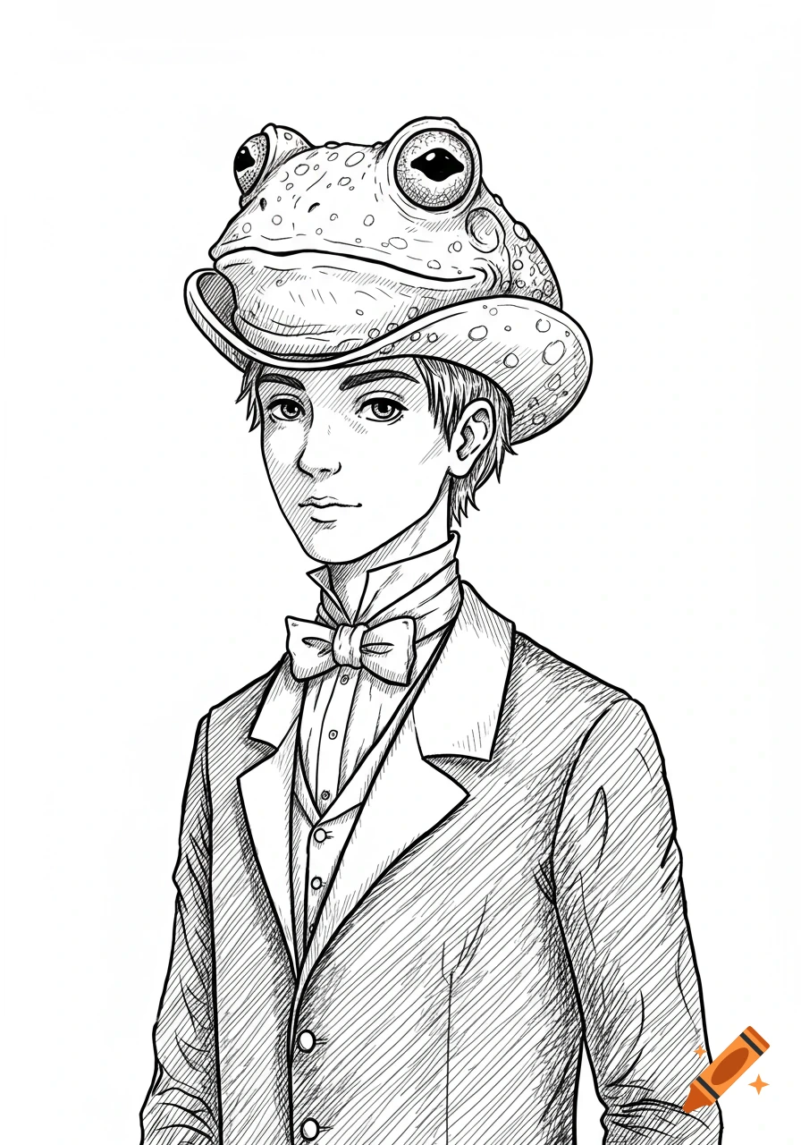 A line drawing of a young man wearing a coat, a bow tie, and a hat shaped like a frog's head.