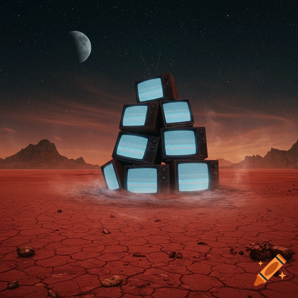 A pile of old television sets with static screens stands on a red, cracked, desolate planet under a starry night sky with a crescent moon.