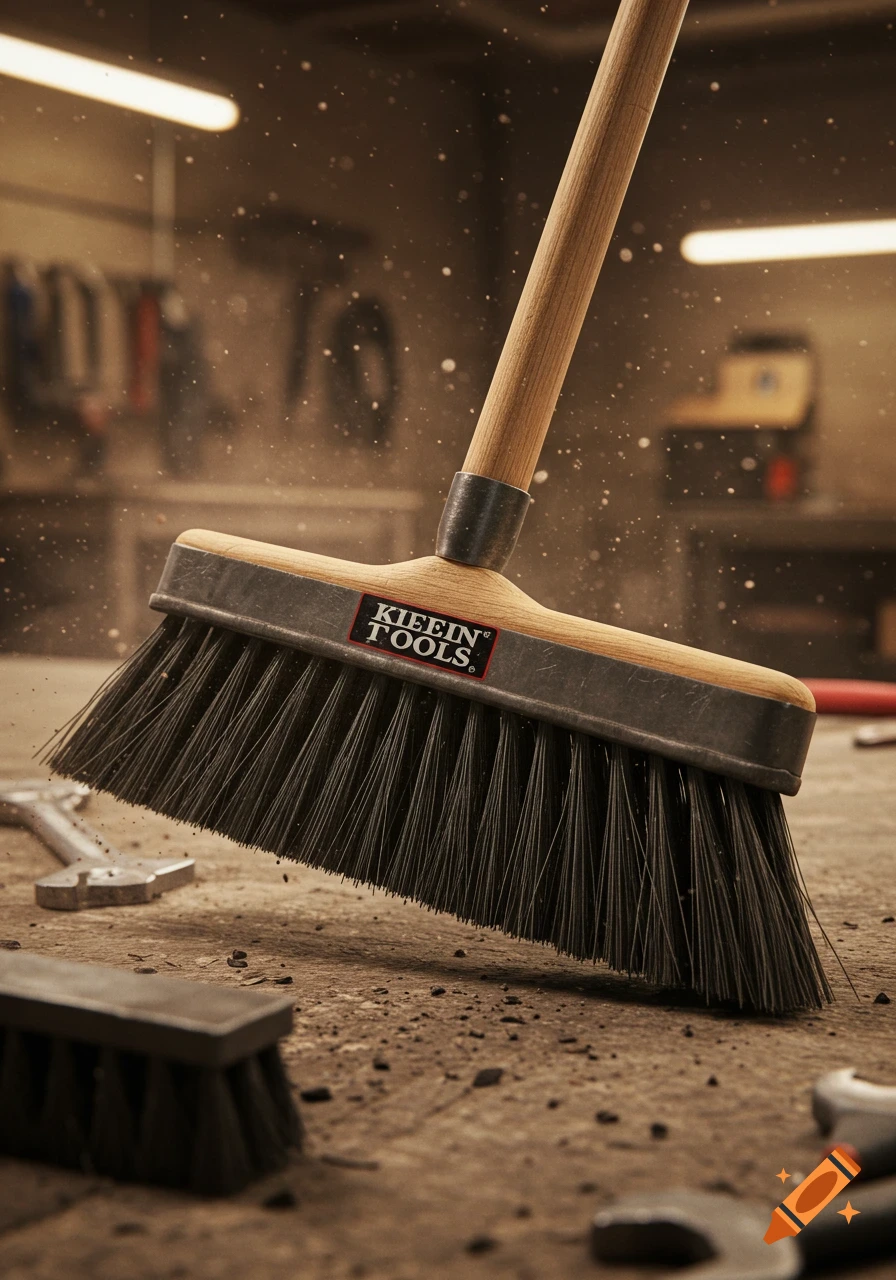 A broom sweeping a dusty workshop floor, with tools scattered around.