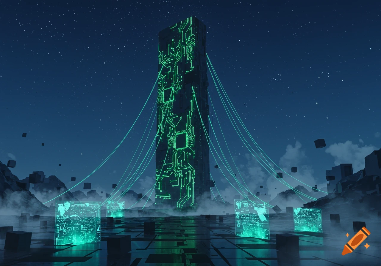 A towering monolithic structure covered in glowing green circuit patterns, set in a misty, starry night landscape with floating geometric shapes and luminous data screens.