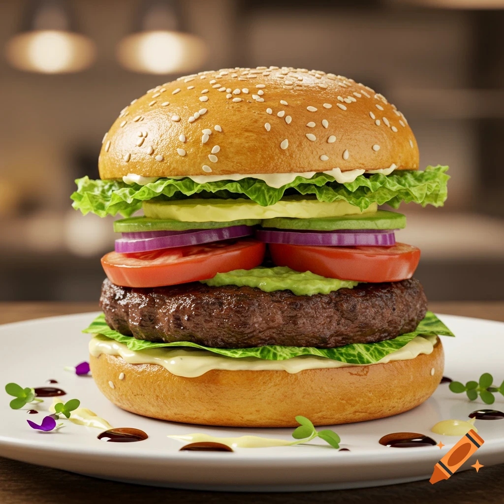 A close-up, photorealistic image of a tall gourmet hamburger with fresh vegetables on a white plate.