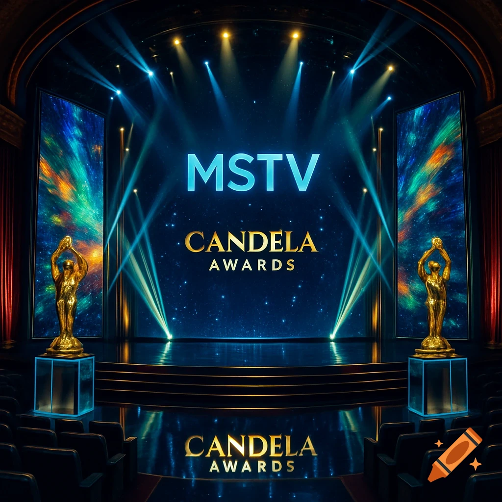 A grand, brightly lit awards show stage with a large screen displaying "MSTV" and "Candela Awards", flanked by golden trophy statues.