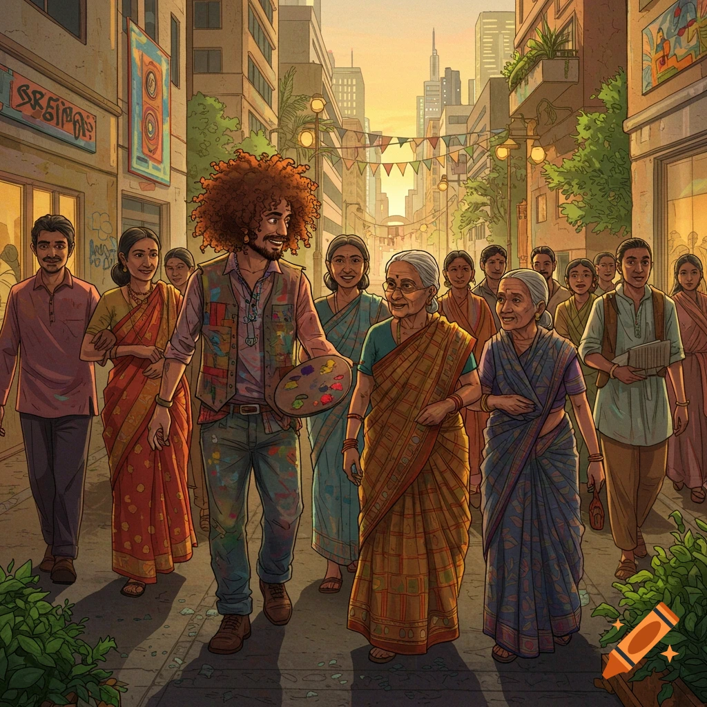 An illustration of a diverse group of people, including an artist with a palette, walking along a bustling city street.