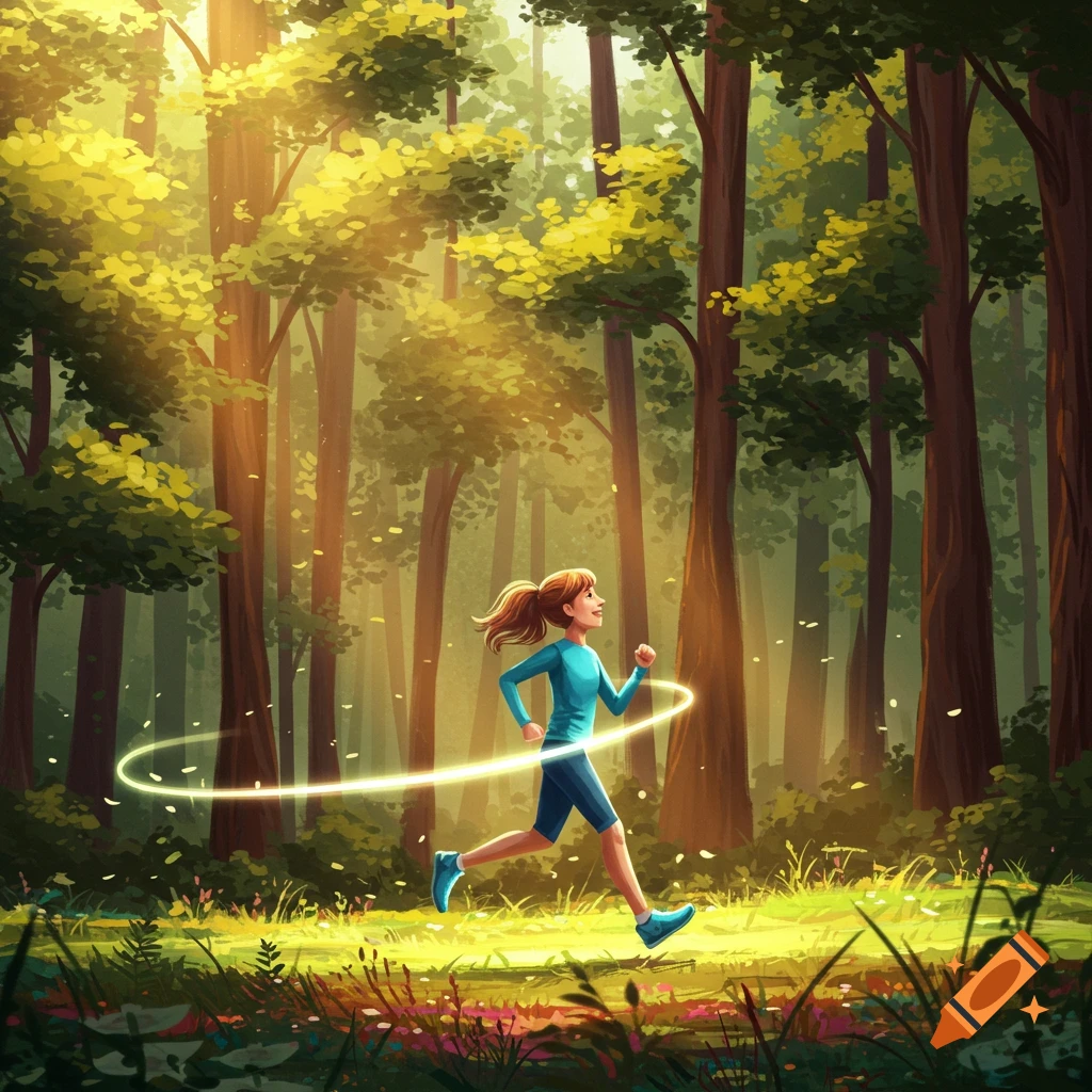 An illustrated girl jogs through a sunlit forest with a glowing ring of light around her.
