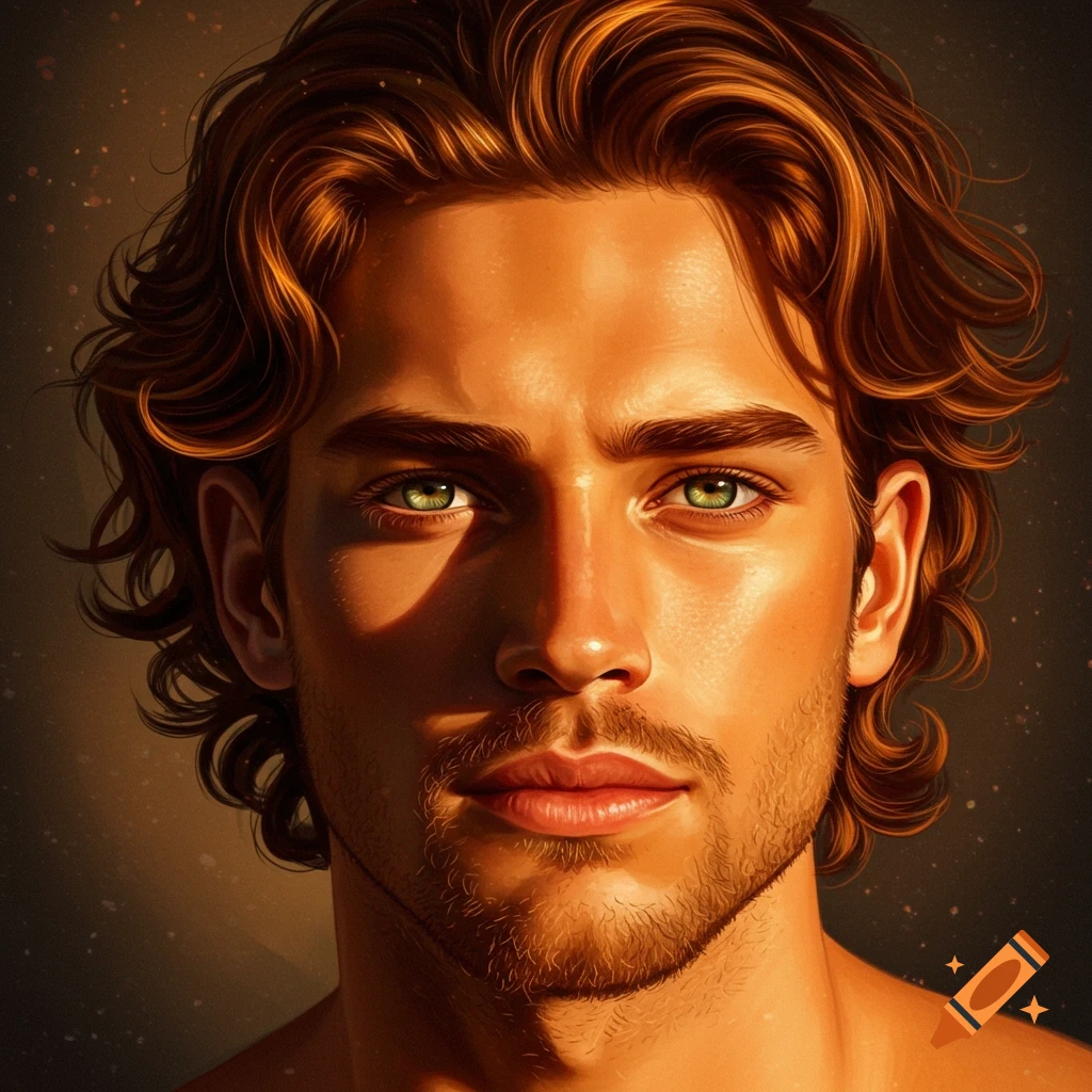 A stylized portrait of a man with auburn wavy hair, bright green eyes, a scruffy beard, and golden skin, illuminated by warm light.