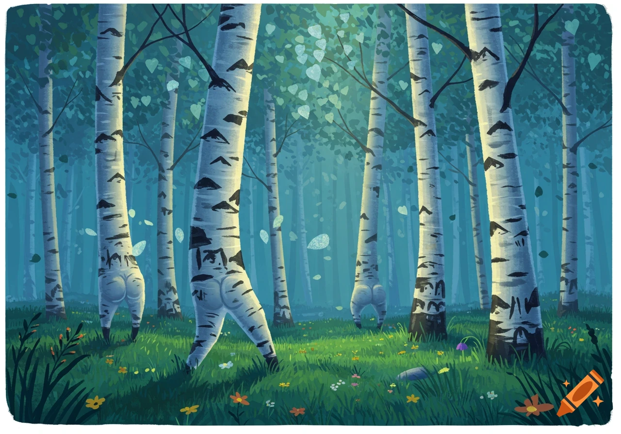 Cartoon forest of aspen trees with human-like buttocks and legs for trunks, standing in a grassy field with wildflowers under a blue sky.