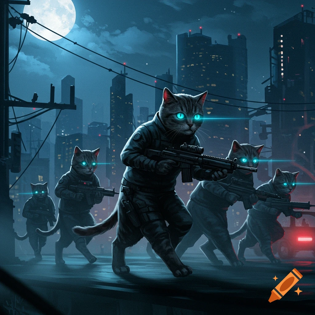 Anthropomorphic cat squad with glowing blue eyes and rifles prowls a dark, futuristic city street under a full moon.