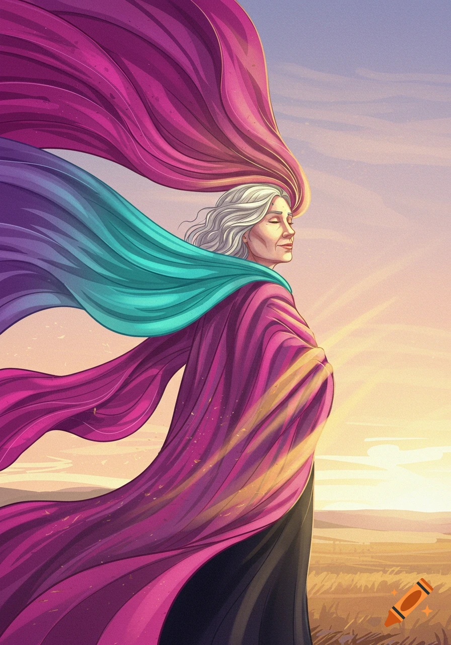 Dreamlike illustration of an elderly woman with closed eyes, wrapped in flowing, colorful fabric against a sunset sky.