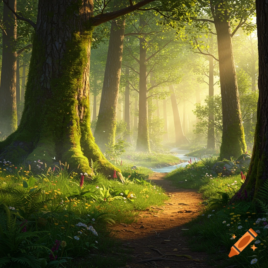 A sunlit forest path winds past mossy trees, wildflowers, and a stream, bathed in bright green light.