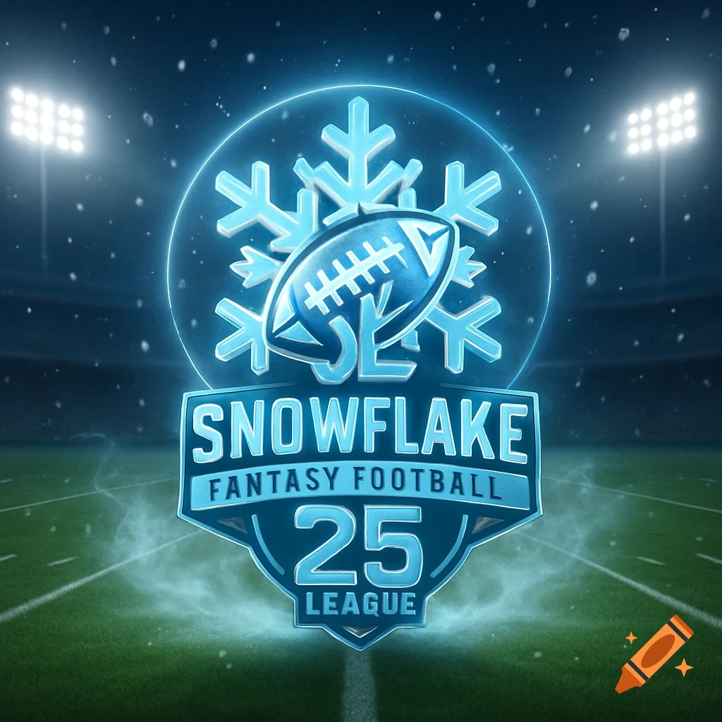 A glowing blue 'Snowflake Fantasy Football 25 League' logo with a football and snowflake over a snowy football field at night.