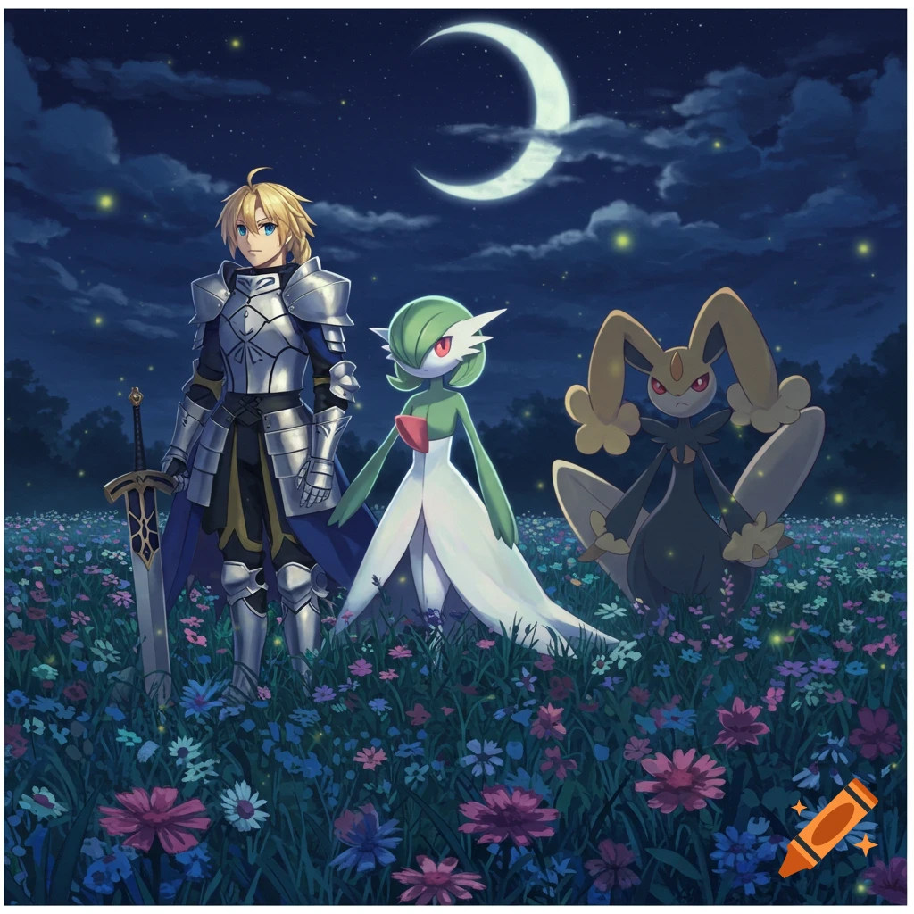 Astolfo in armor stands with Gardevoir and Lopunny in a moonlit field of colorful flowers at night, anime style.