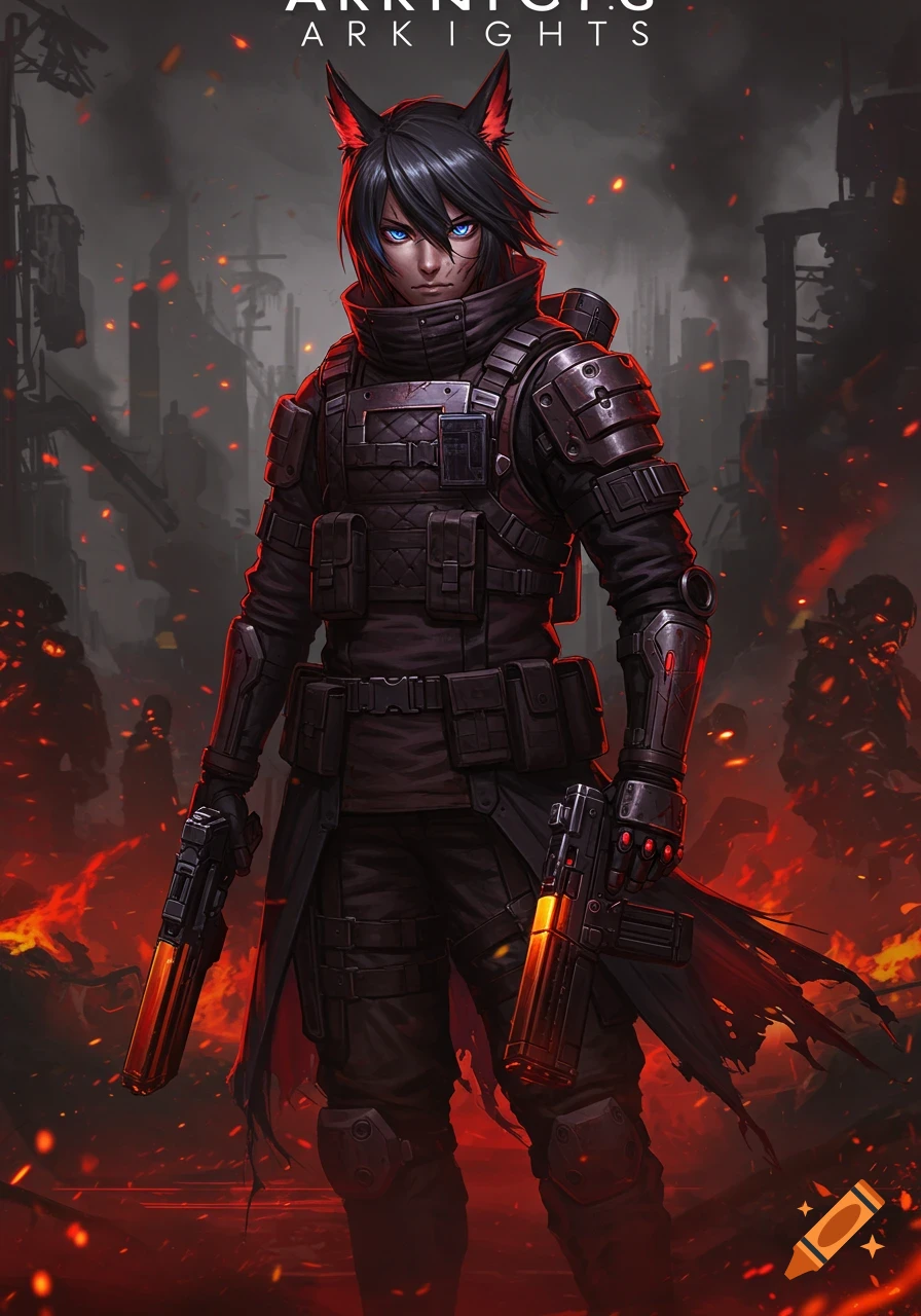 Anime character with black hair, cat ears, tactical gear, holding guns in a fiery, war-torn city.