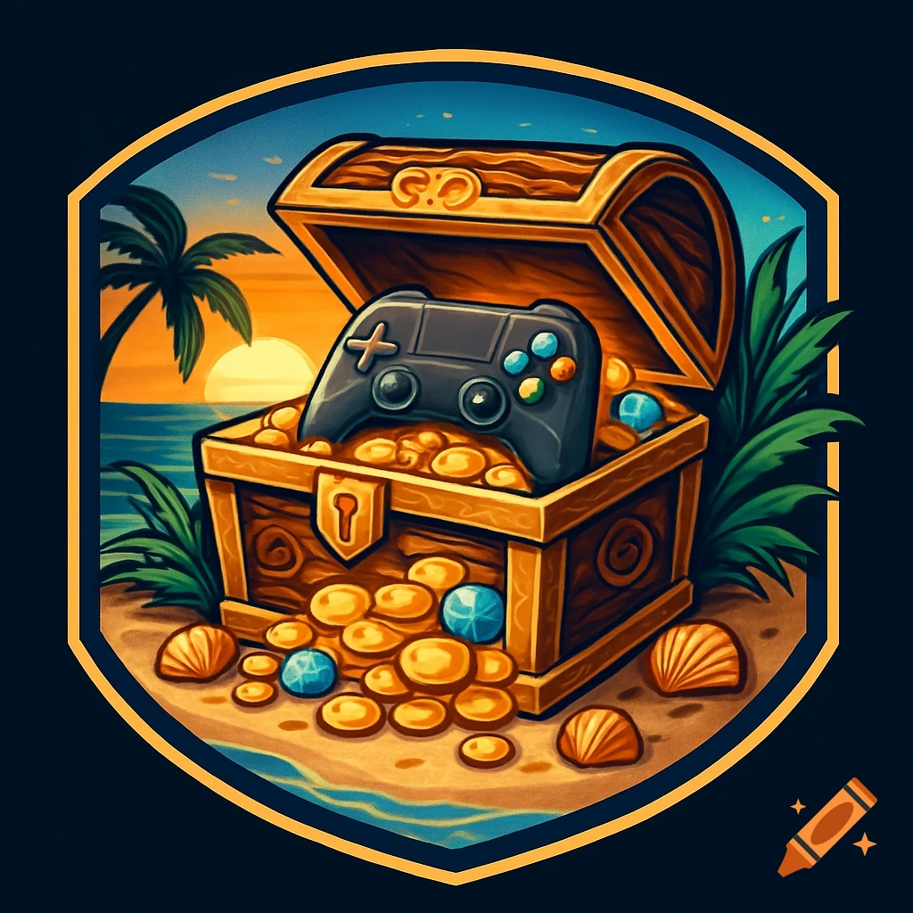 A stylized logo of an open treasure chest filled with gold coins, gems, and a game controller on a beach at sunset.