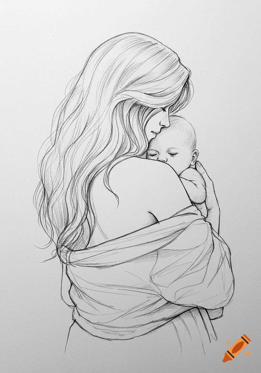 Pencil sketch of a woman with long hair holding a sleeping baby.