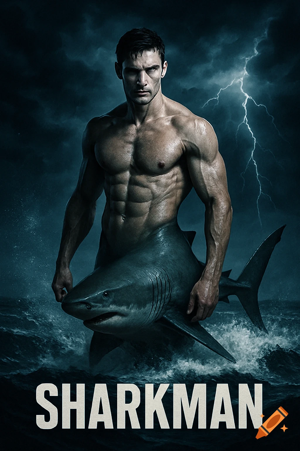 Photorealistic movie poster of a muscular man with a shark body emerging from stormy waters under lightning, with 'SHARKMAN' text.