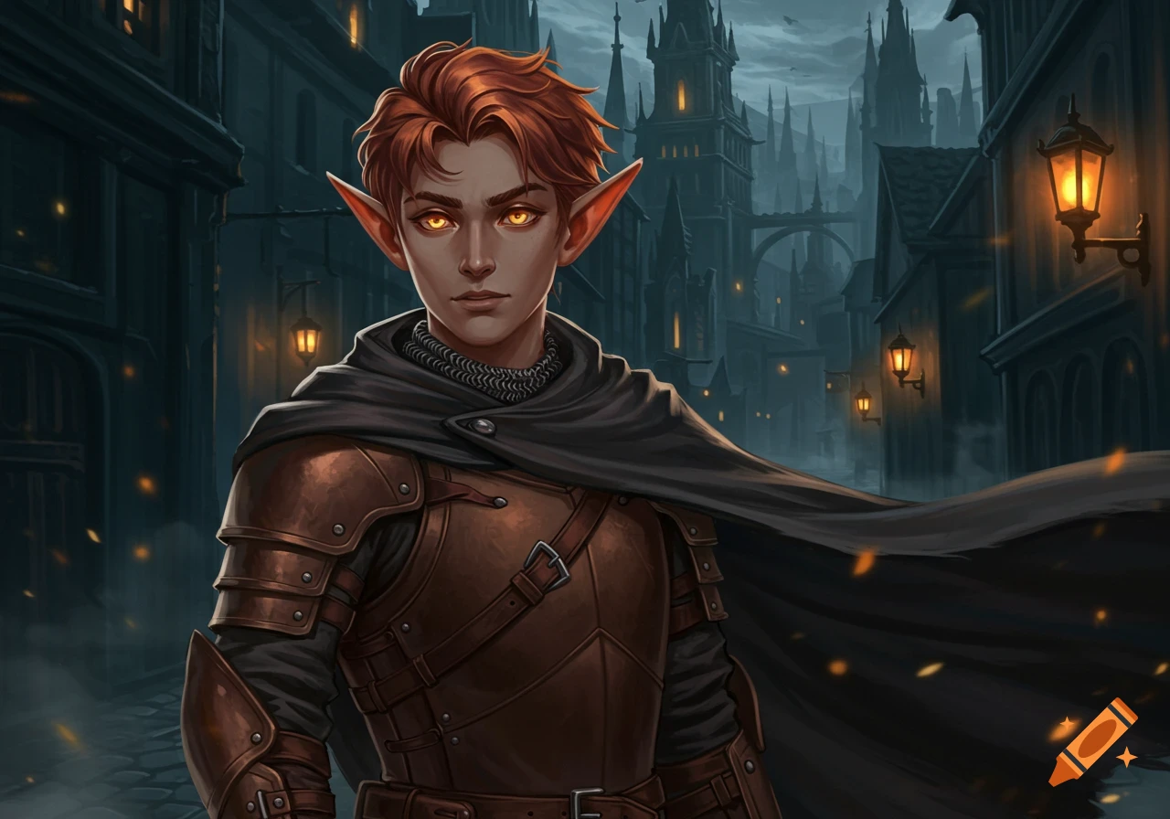 A young half-elf with reddish-orange hair and glowing orange eyes, in brown armor and a dark cloak, stands in a medieval city at night.