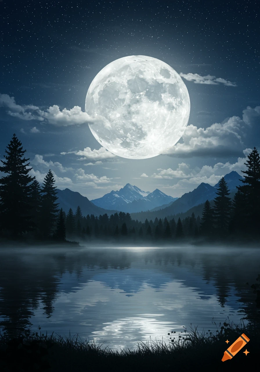 A large full moon illuminates a serene night landscape with mountains, pine trees, and a calm lake reflecting the moonlight.
