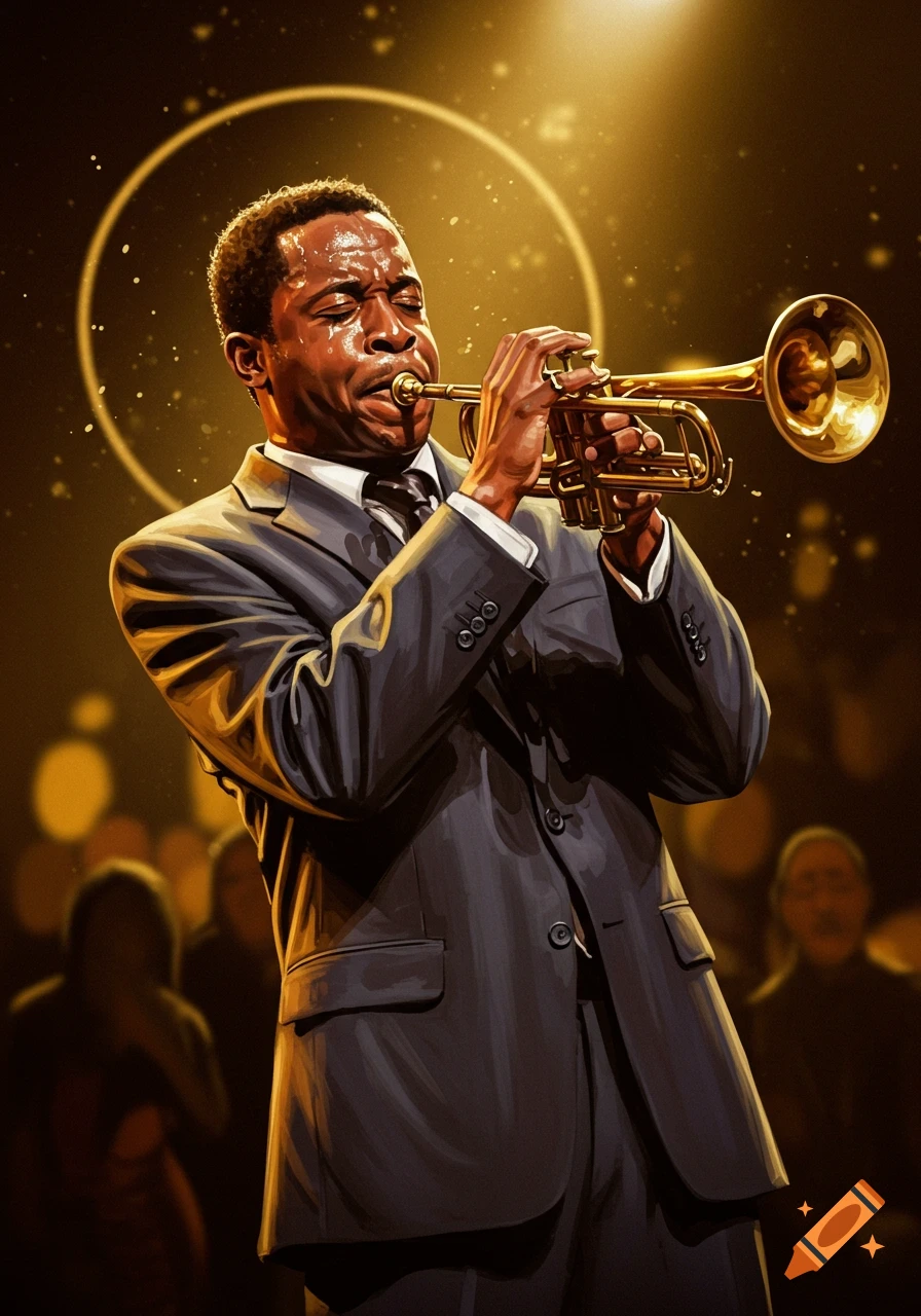 A male trumpet player, sweating, performs on stage under a spotlight, with a blurred audience in the background. Stylized art.