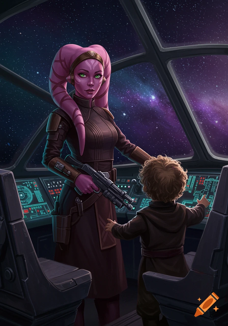 A pink-skinned Twi'lek woman with a blaster teaches a young boy in a dark outfit to fly a spaceship, with a starry sky visible outside the cockpit.