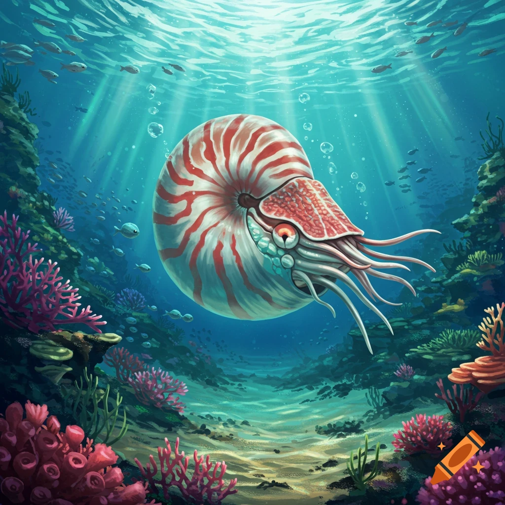 A red and white nautilus, resembling a Pokémon, swims amidst colorful coral reefs and small fish in a bright blue underwater scene with sunrays.