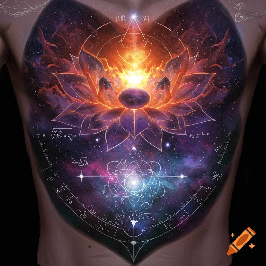 A vibrant tattoo on a person's chest depicts a cosmic lotus flower with a fiery core, set against a backdrop of a nebula and scientific equations.