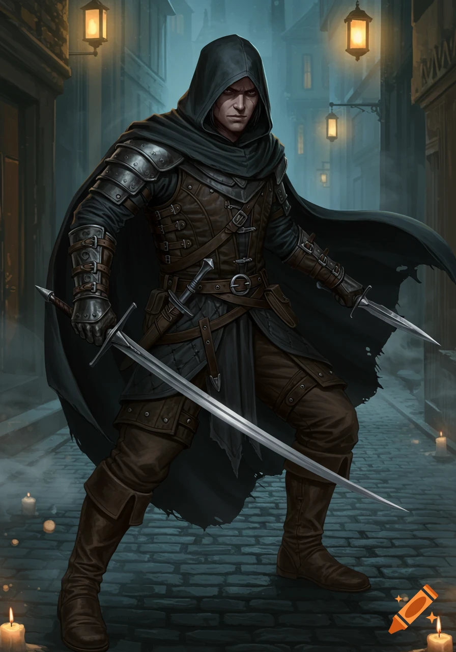 A male rogue in dark armor and hooded cape holds a longsword and dagger in a misty, lantern-lit alley. Digital art.