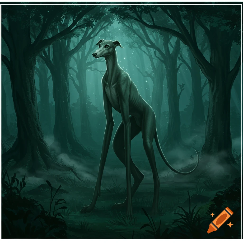 A tall, slender greyhound-like creature with elongated limbs stands in a dark, misty forest in a digital illustration.