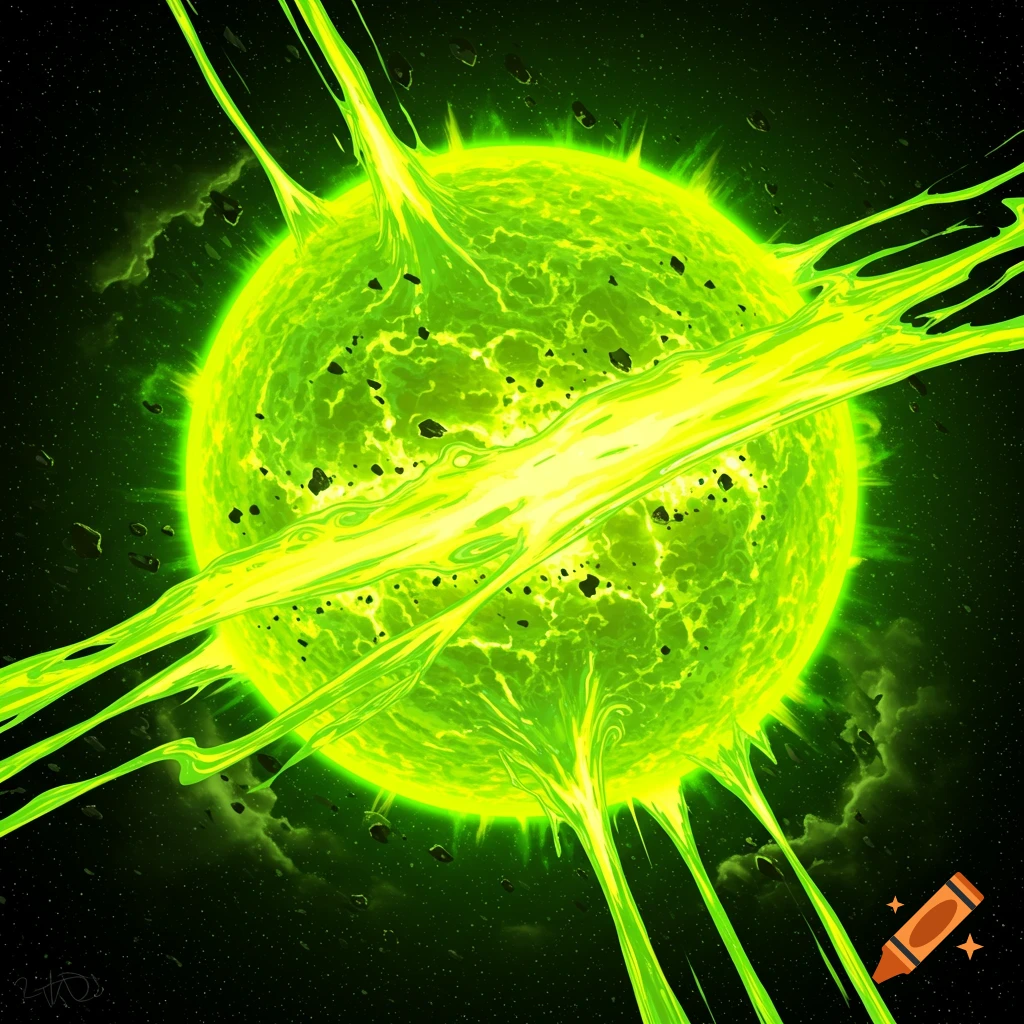A vibrant green and yellow star emits luminous tendrils of energy into dark space, surrounded by debris.