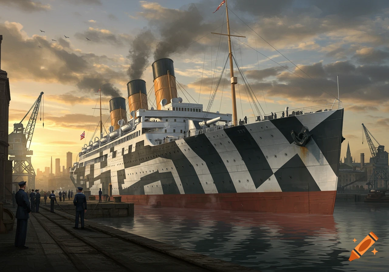 A large ship with black and white dazzle camouflage docked at a bustling port during sunset, with people on the quay and cranes visible.