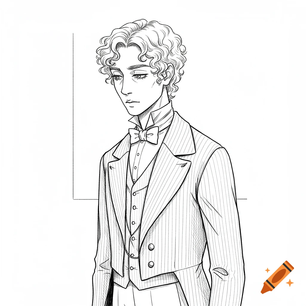 Line art portrait of a young man with curly hair wearing a bow tie and a formal pinstripe coat.