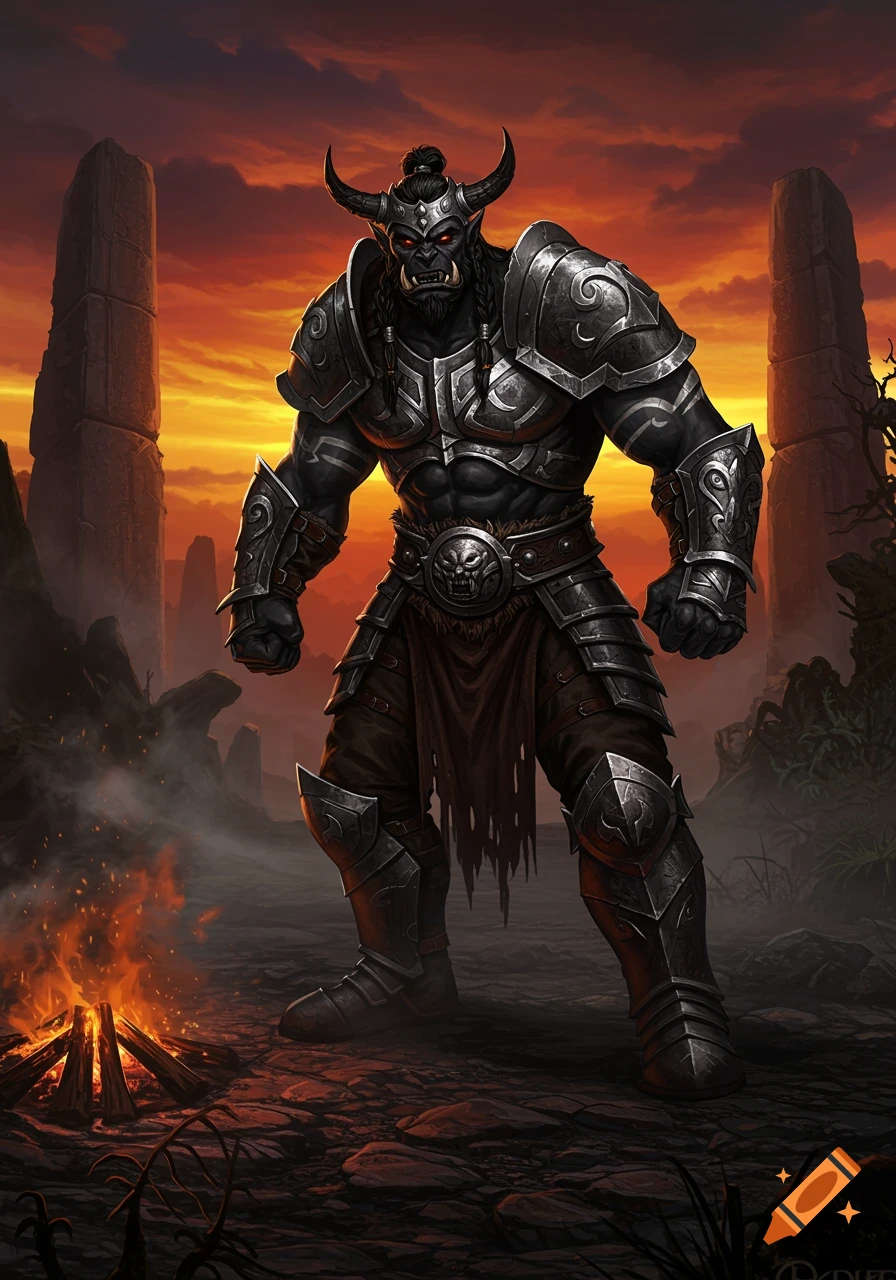 A muscular orc warrior in dark armor stands in a desolate landscape with monolithic structures under a fiery sunset, a campfire burning nearby.