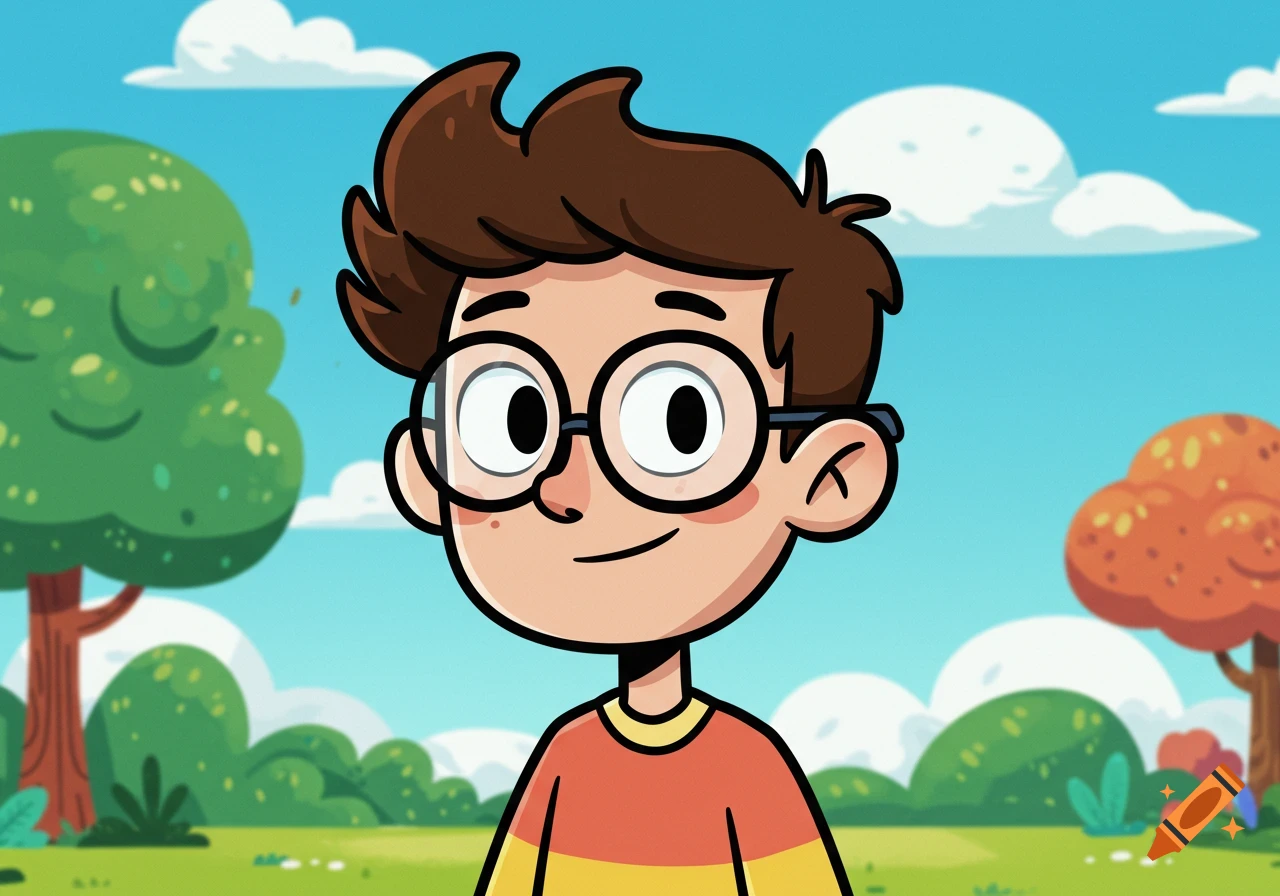 A cartoon boy with glasses and brown hair smiles in an animated style, set against a bright outdoor background with trees and clouds.