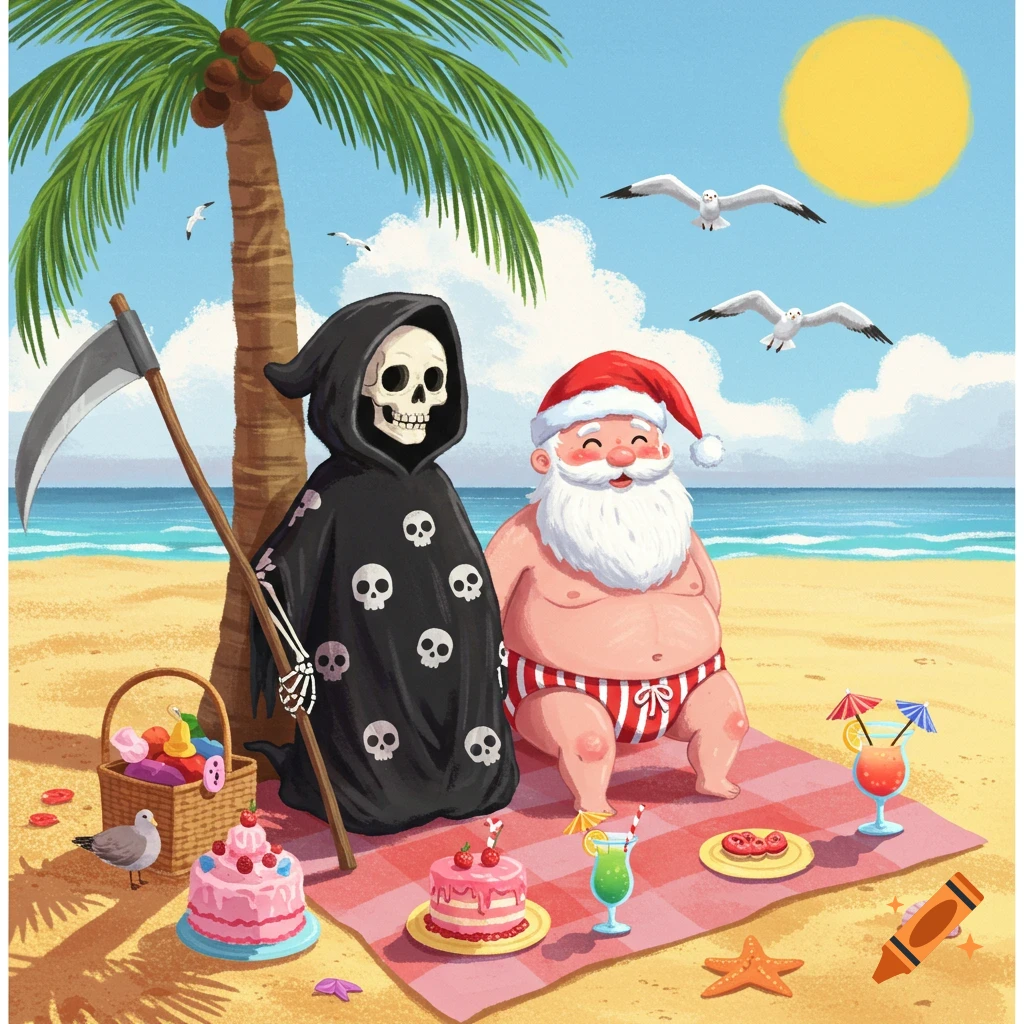 Cartoon illustration of the Grim Reaper and Santa Claus in swimwear having a picnic on a sunny beach.