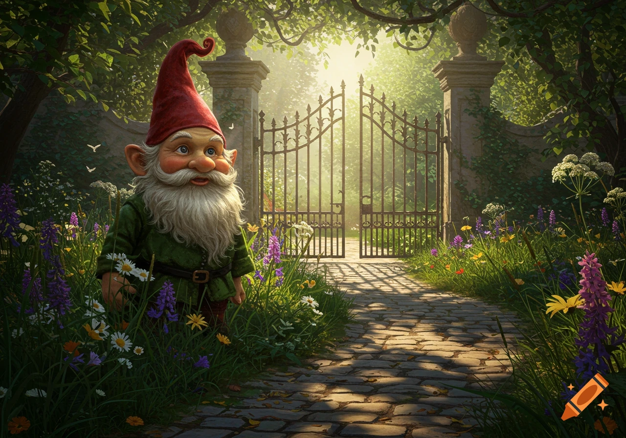 A whimsical garden gnome with a red hat and white beard stands in a lush, sunlit garden with wildflowers and an open iron gate.