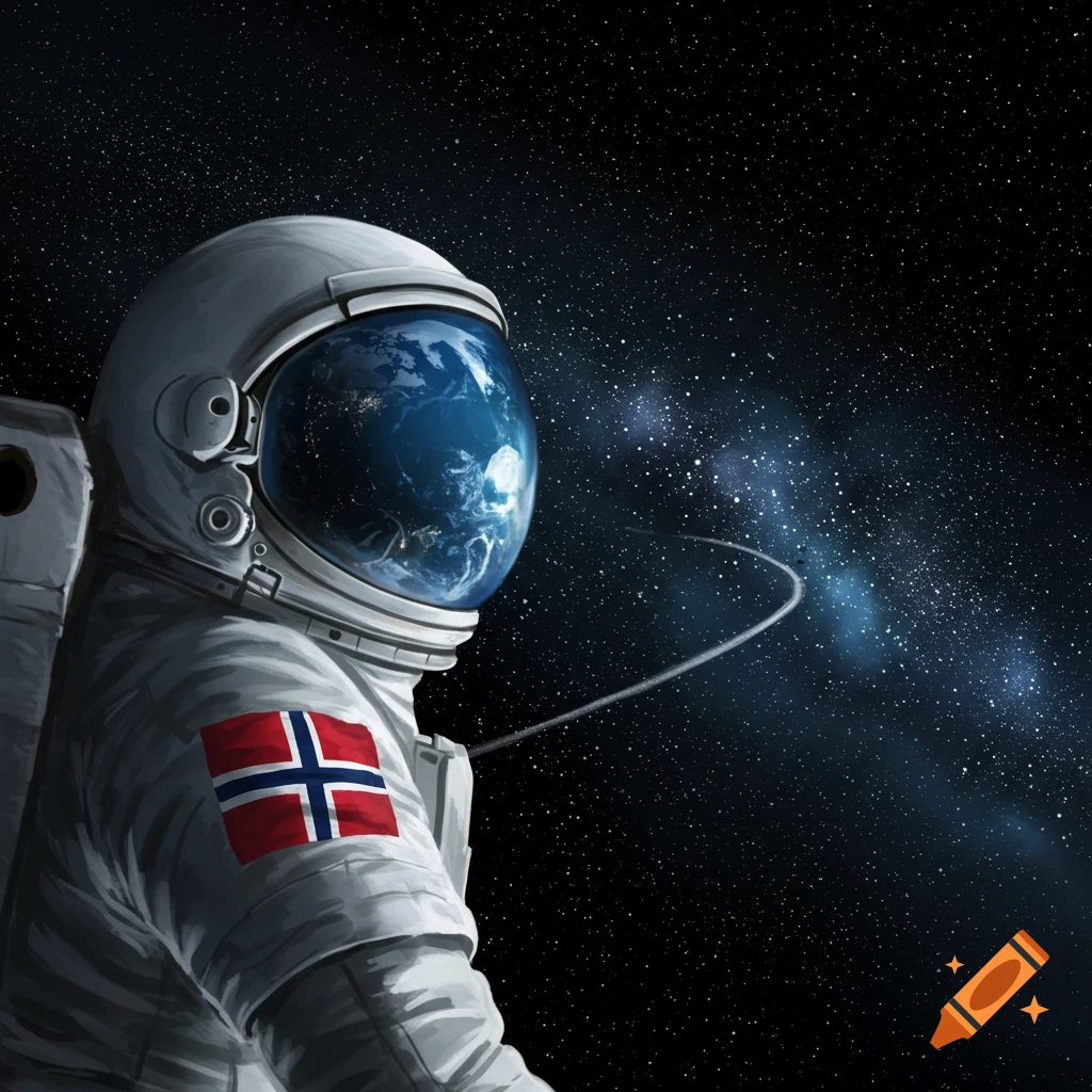 An astronaut in a white suit with a Norwegian flag looks at Earth reflected in their helmet, with stars in the background.