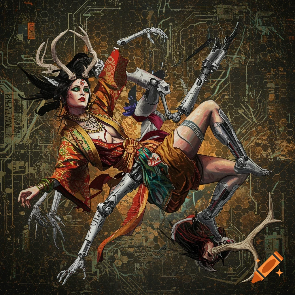 A stylized painting of a cyborg woman with antlers and multiple robotic limbs, wearing a colorful kimono, falling against a dark background of circuit patterns and honeycomb shapes.