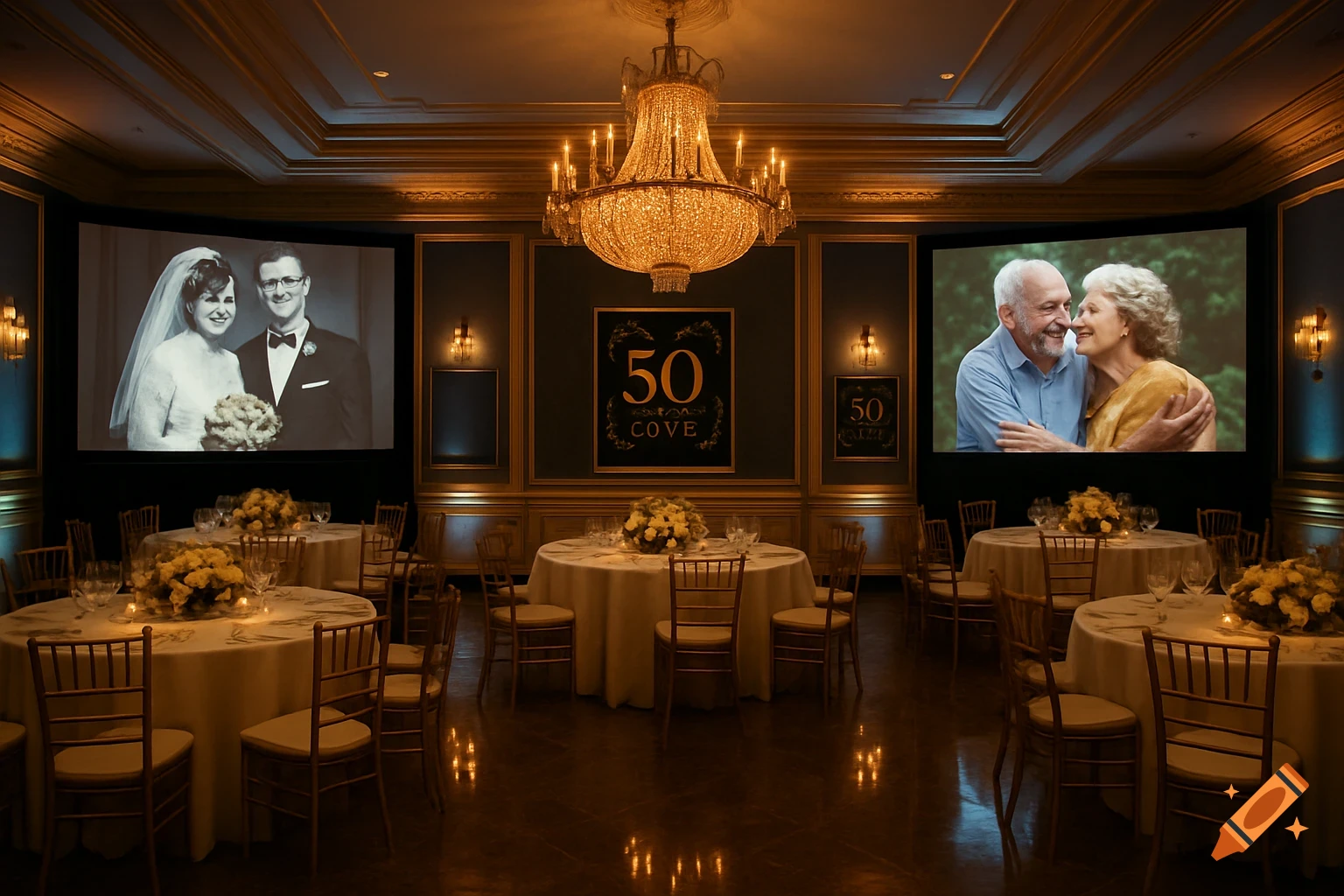 A grand ballroom with round tables, a chandelier, and screens displaying photos of a couple, with "50 COVE" signs.