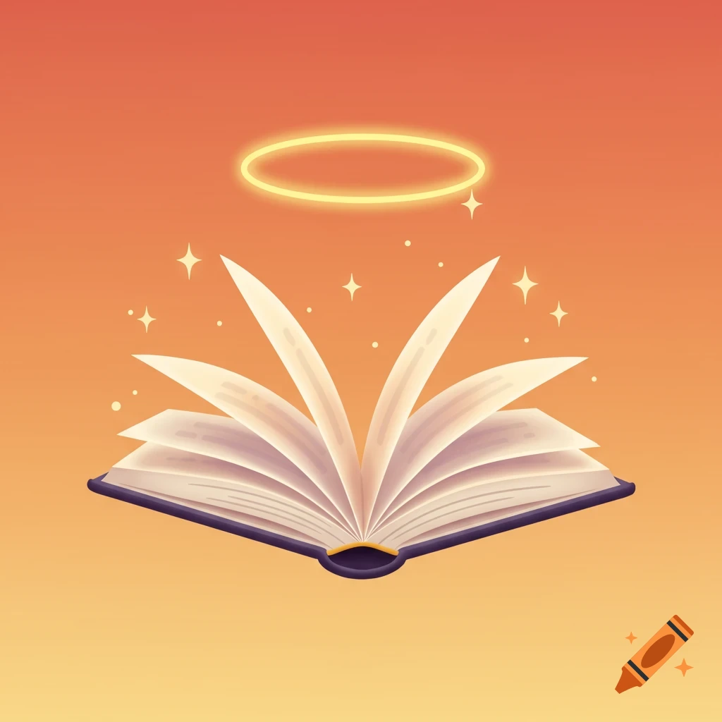 Stylized icon of an open book with a glowing halo and stars above it, against an orange background.