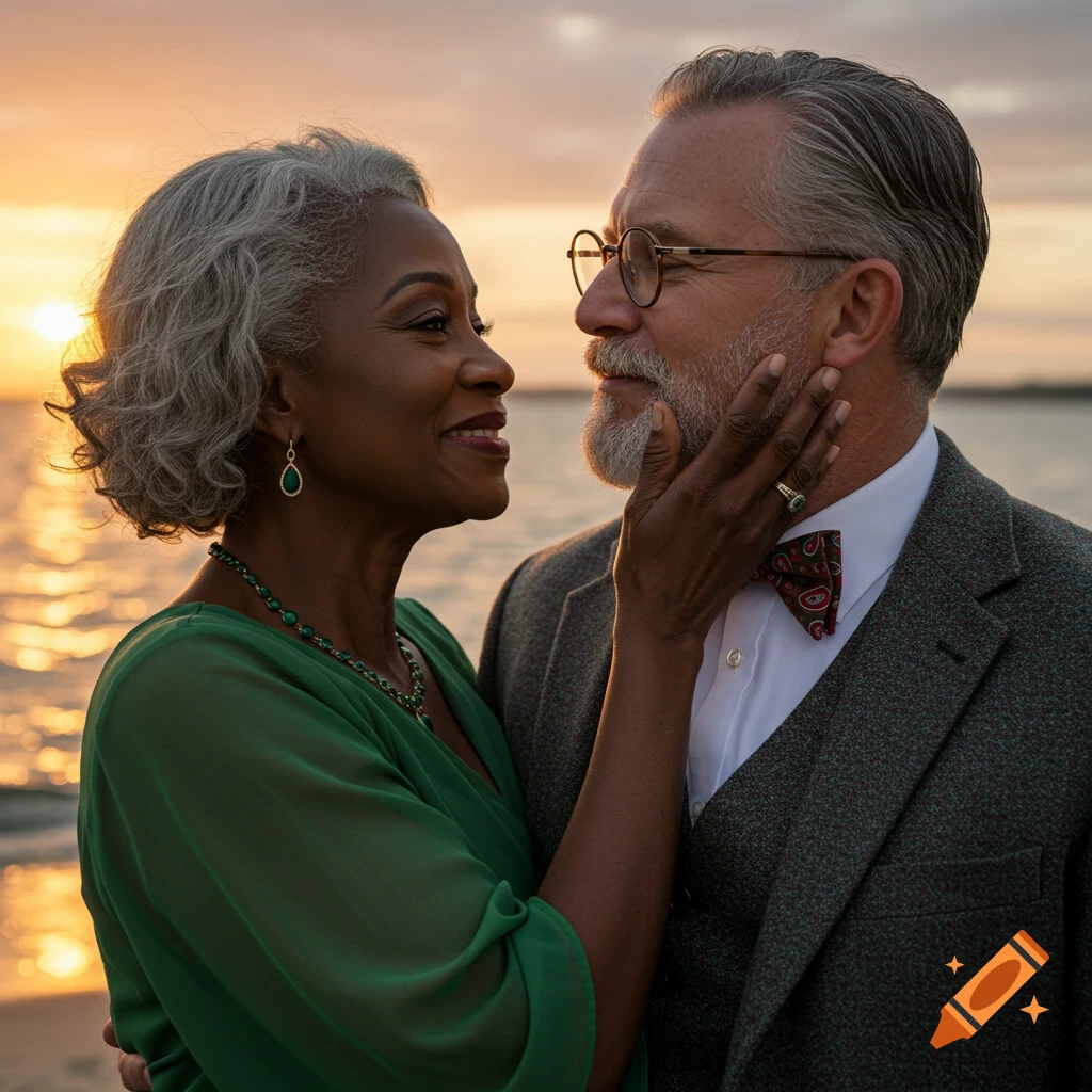 Elderly couple sharing an intimate moment at sunset on a beach, in an oil painting style cinematic close-up.