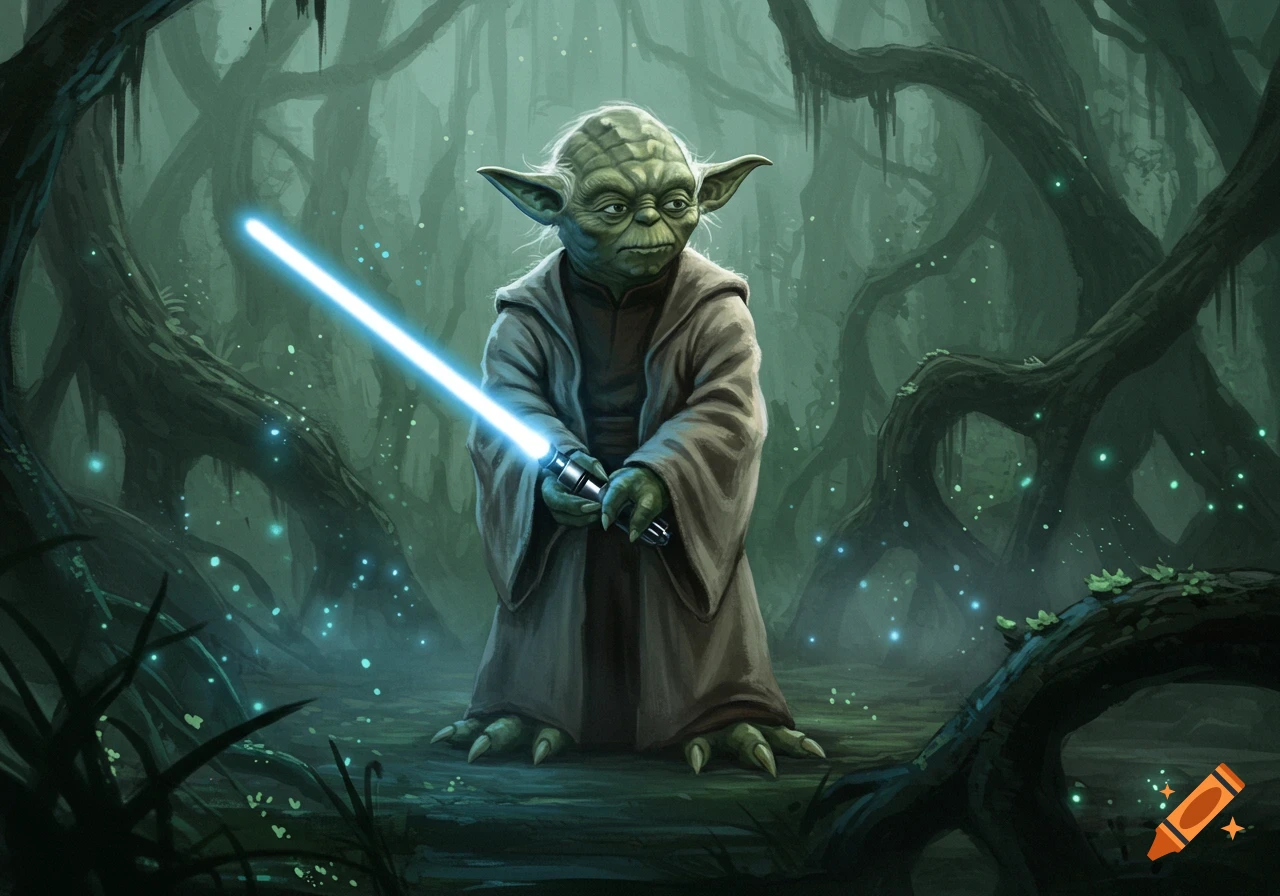 Master Yoda stands in a dark, swampy forest, holding a glowing blue lightsaber. Illustration style.