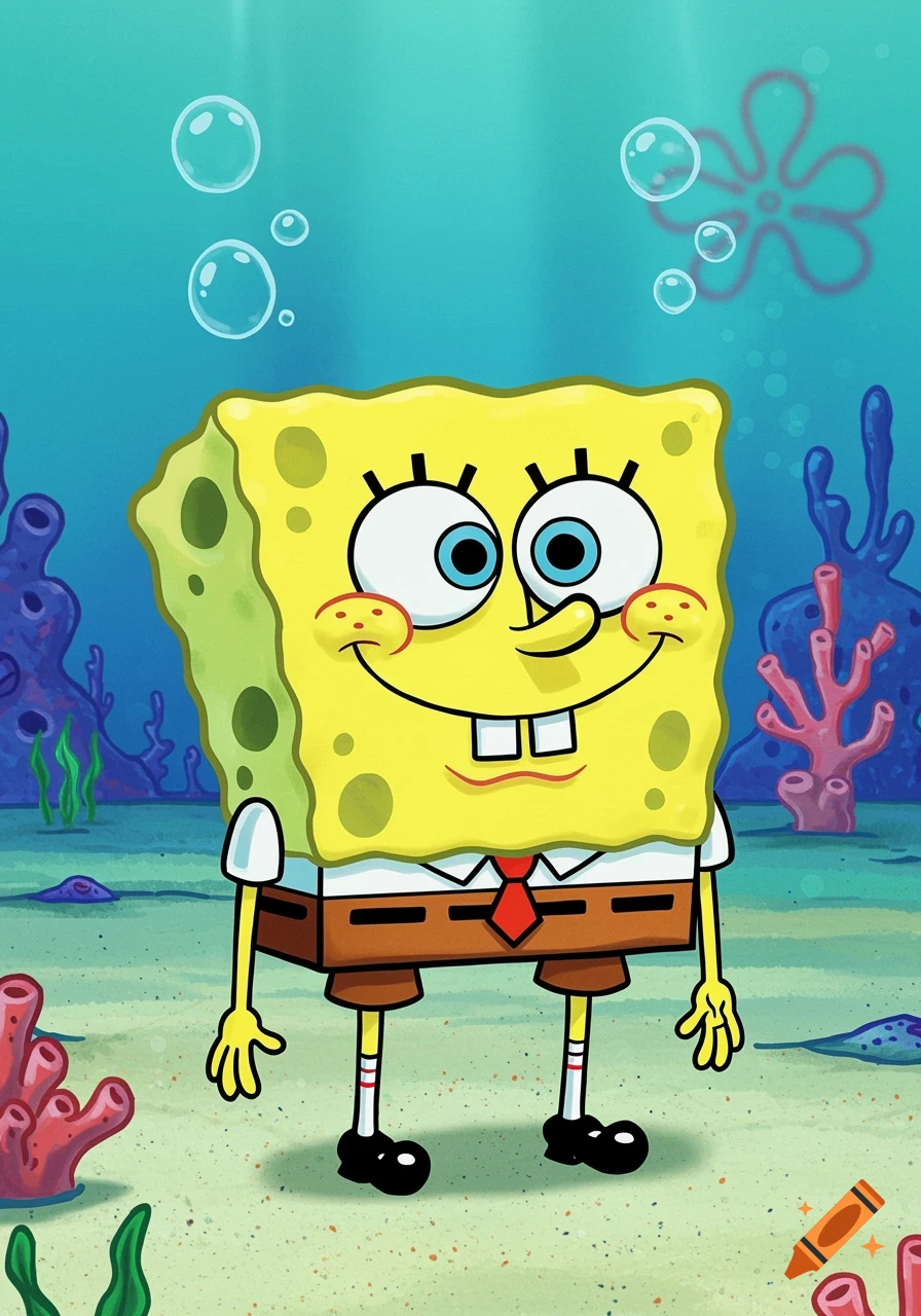 SpongeBob SquarePants smiles underwater with coral and bubbles.