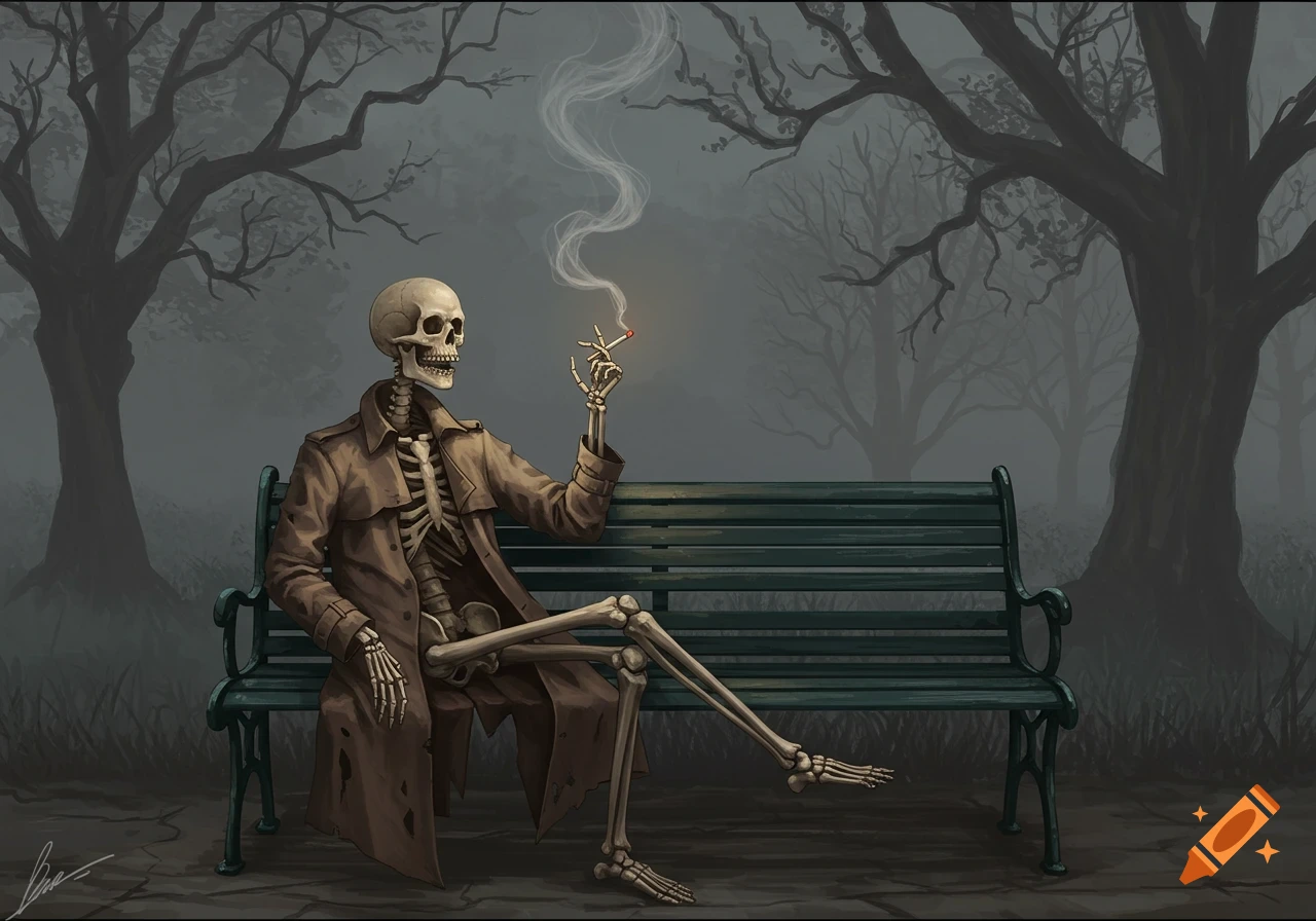 A skeleton in a trench coat sits on a park bench in a foggy, dark park, smoking a cigarette.