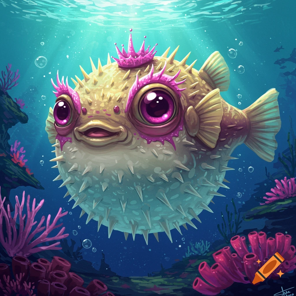 A cute, stylized puffer fish with a pink crown and eyelashes swims in a vibrant blue underwater coral reef.