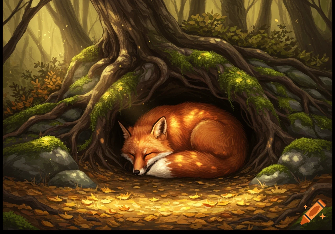 A sleeping red fox curled up in its den formed by tree roots in an autumn forest, digital painting.