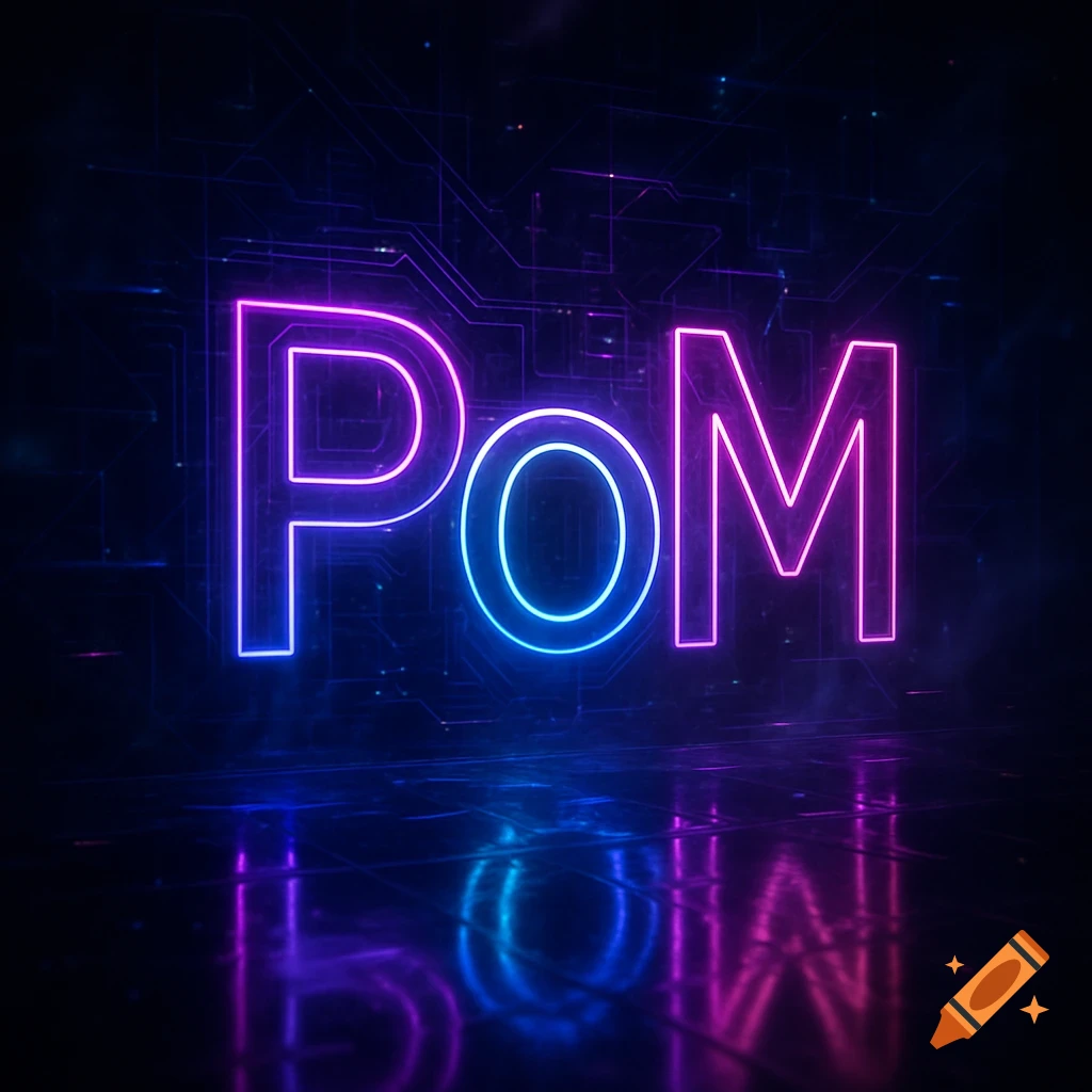 Neon glowing letters spelling 'POM' in blue and purple on a dark, reflective, circuit-board-like surface.