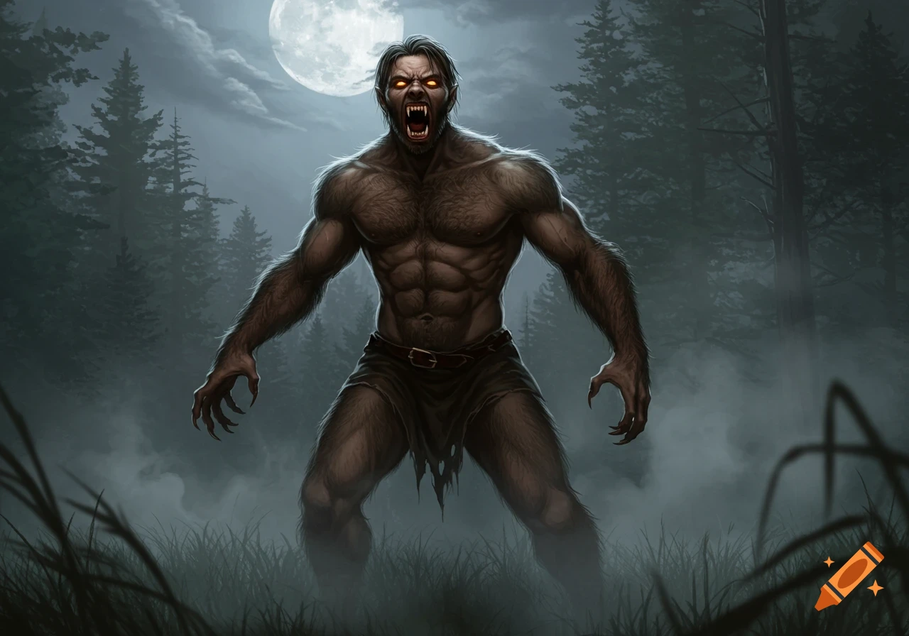 A fearsome werewolf with glowing eyes and bared fangs stands in a misty forest under a full moon.