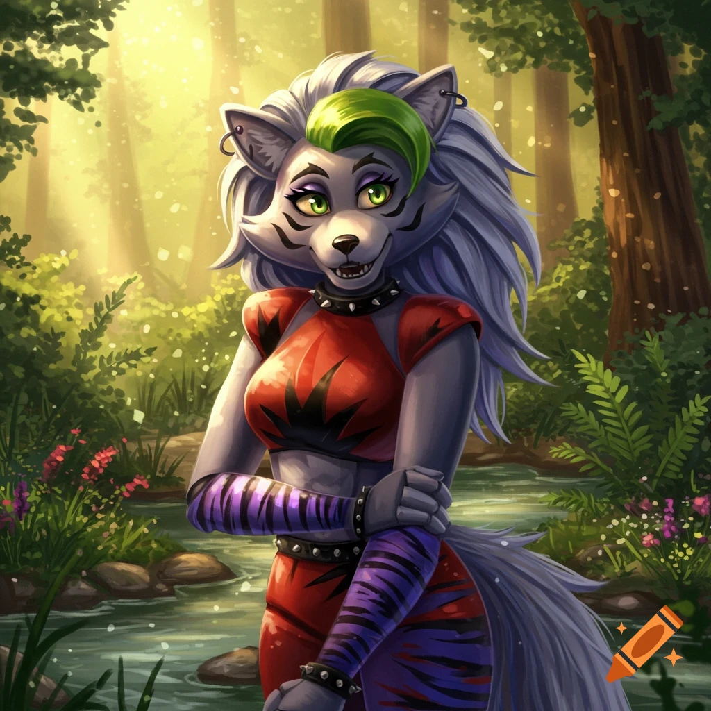 Anthro grey wolf woman with a green hair streak, red crop top, and purple stripes stands in a sunny forest near a stream, in a digital art style.