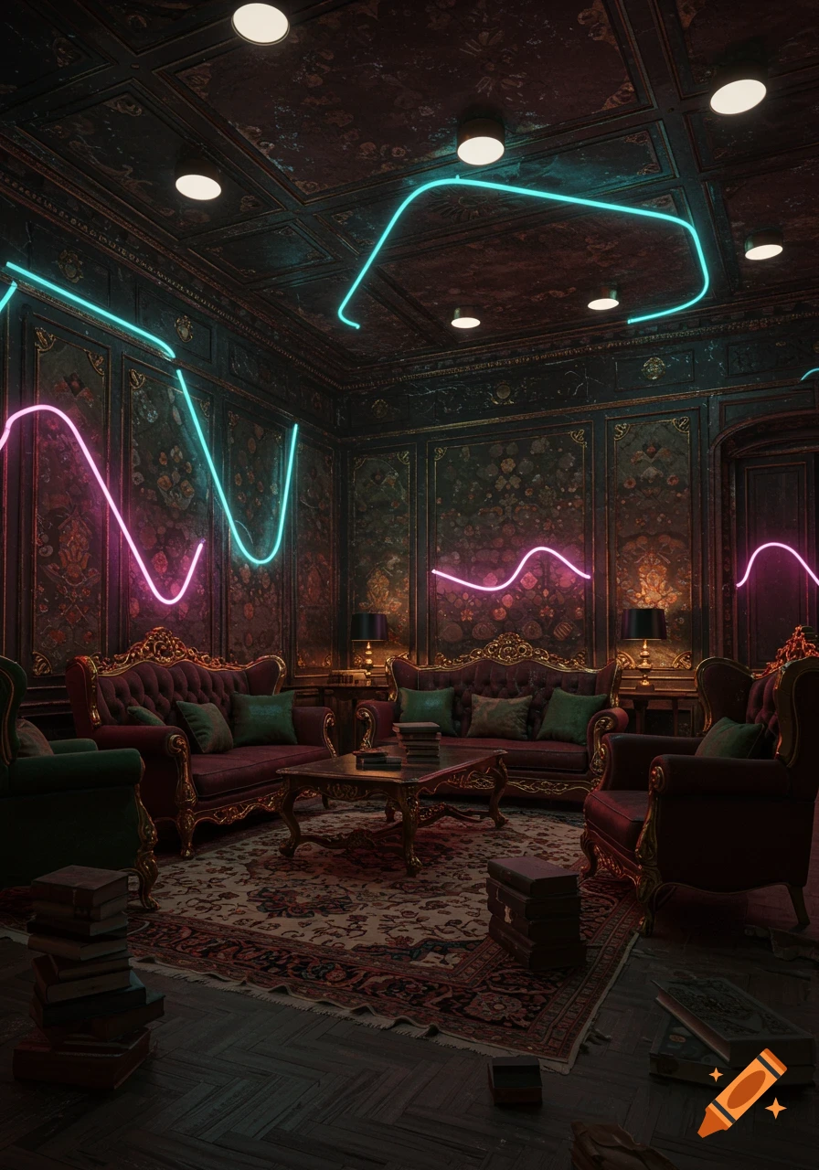 A dark, ornate Victorian-style room with red velvet sofas, intricate wallpaper, and luminous pink and blue neon lights.