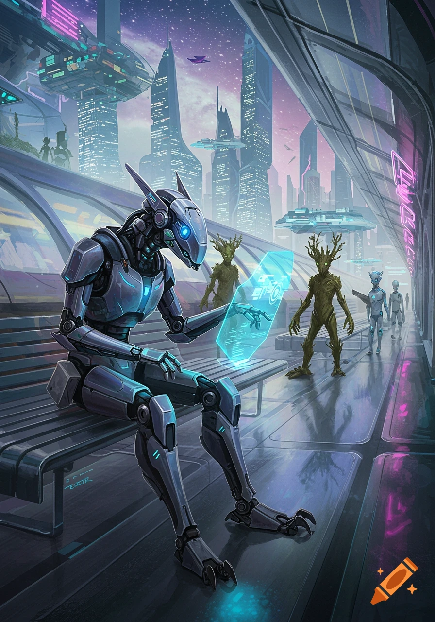 A detailed illustration of a robot sitting on a bench, interacting with a glowing blue holographic display in a futuristic city with tall buildings and other alien and robot figures.