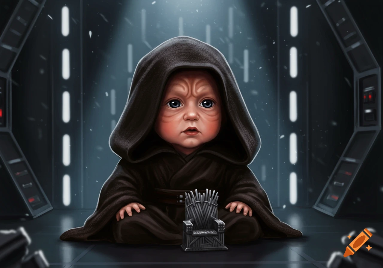A cute baby dressed as Emperor Palpatine sits with a miniature Iron Throne in a dark, futuristic hallway.